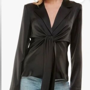 WAYF Black Satin Long Sleeve Wrap Top Front Tie
